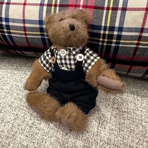 Boyds Bears 1994 Edmund Plush Bear Navy Overalls Checked Button Frnt Collectible